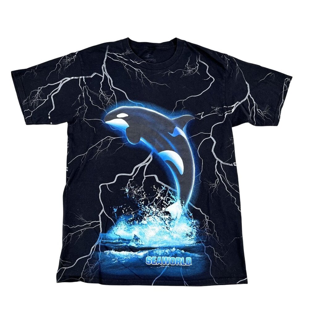 Vintage‎ 90s Shamu Seaworld All Over Print Black T-Shirt Sz Medium